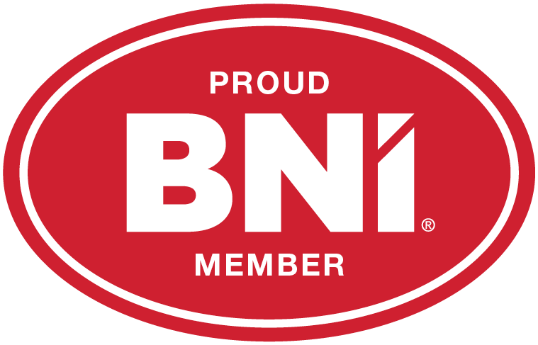 Red and white “Proud BNI Member” logo graphic.