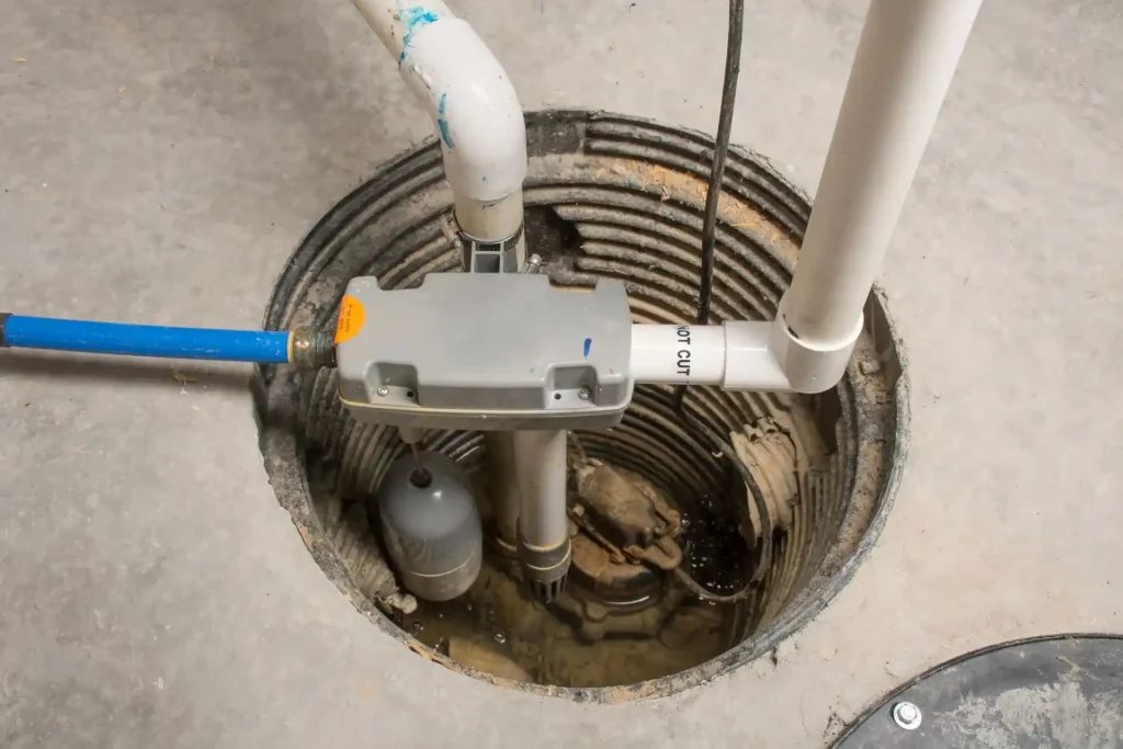 Open basement sump pit containing a pump, float switch, and connected discharge pipes.