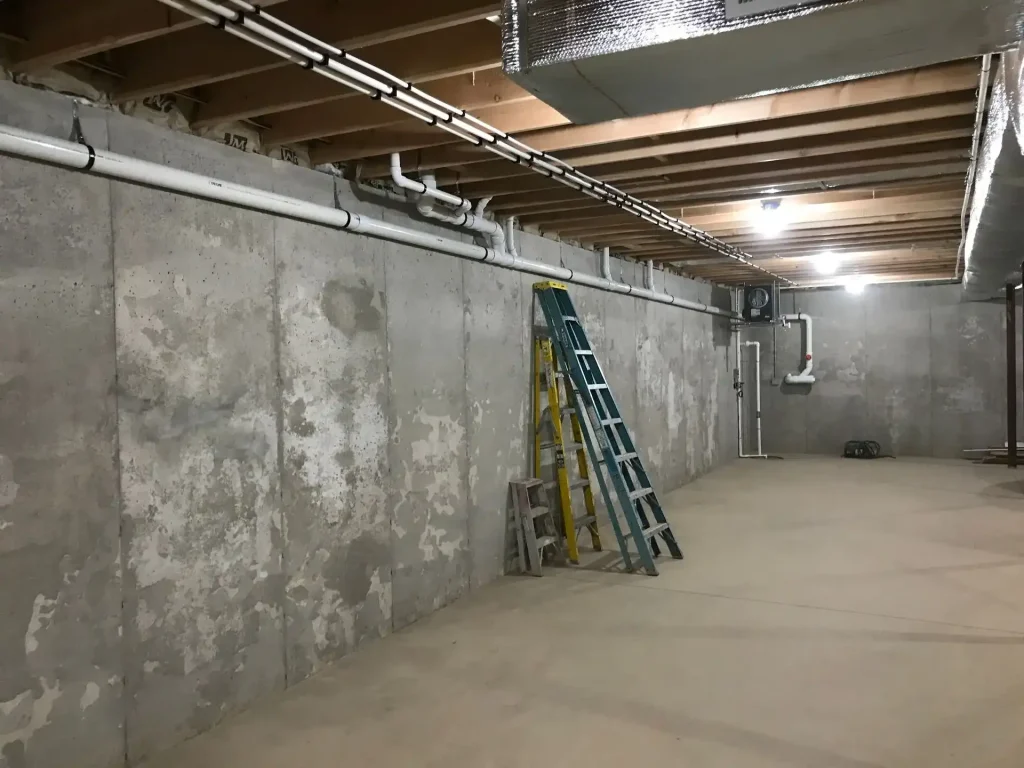 White plumbing supply and drain lines installed along the ceiling of an unfinished basement, with ladders standing nearby.
