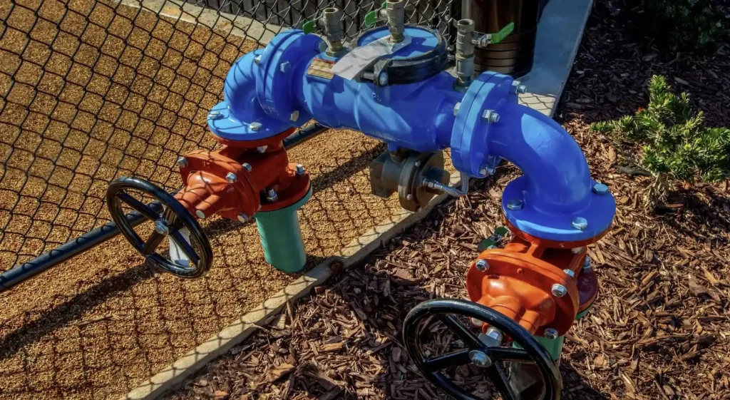 Blue and orange commercial backflow prevention assembly installed outdoors near a chain-link fence.